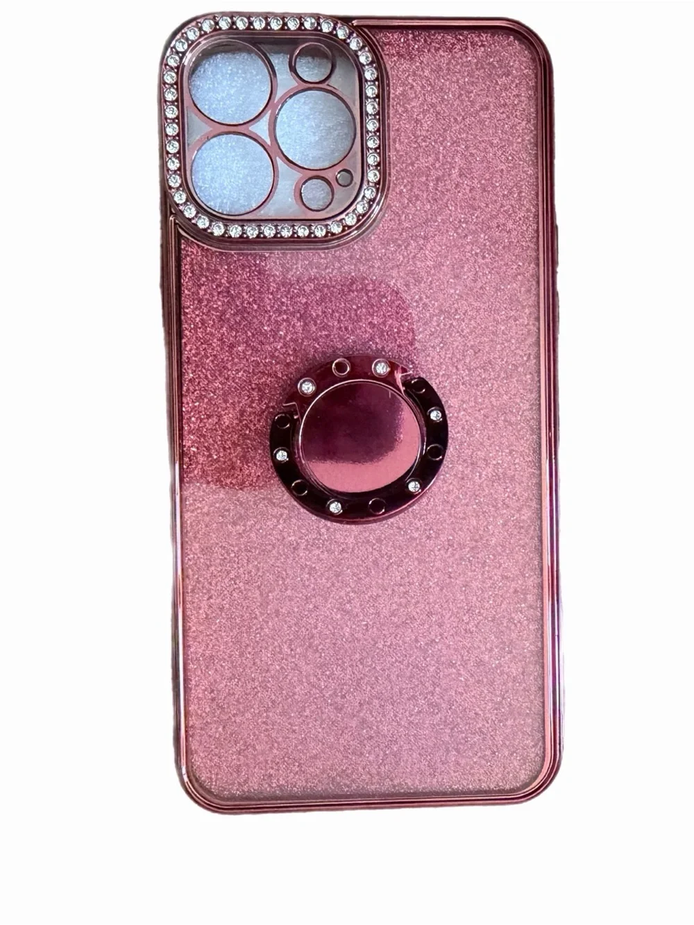 Red Glitter Phone Case with Ring Grip and Camera Rhinestones IPhone 15 Pro Max.